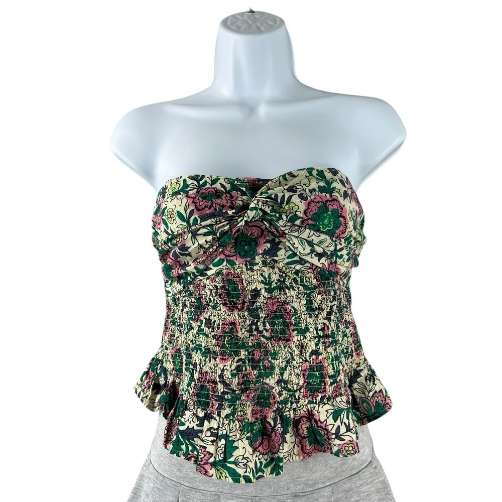 Free People Smocked Strapless Tube‎ Top Womens Size Medium Green Floral Peplum